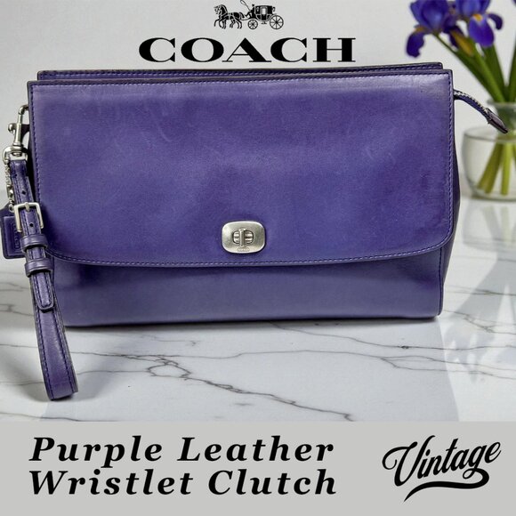 Coach Vintage Smooth Purple Leather Large Wristlet Clutch Turn Lock Front Pocket - Picture 1 of 13